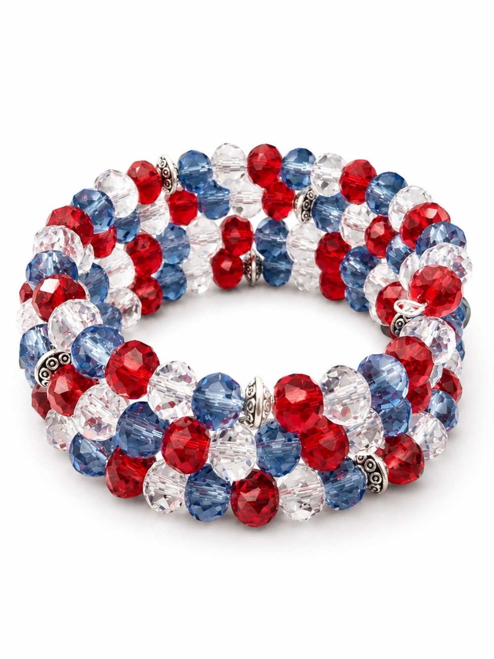 Patriotic Crystal Beaded Wrap Bracelet - Red, White & Blue